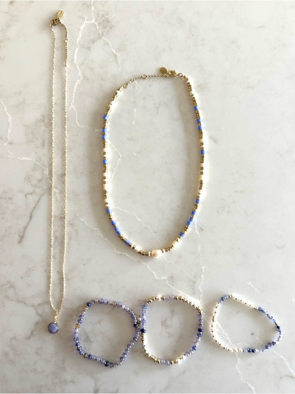 💙 Loft Pearl Blue and Gold Beaded Necklaces with Matching Bracelets Set 💙